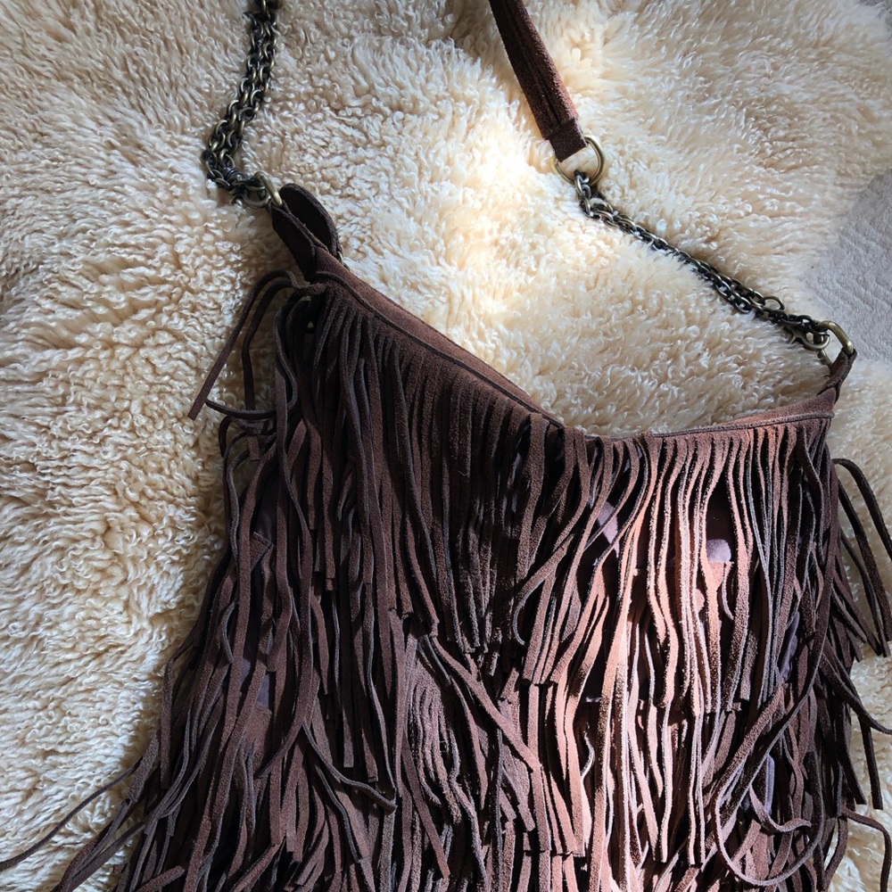 Genuine leather brown suede boho fringe bag